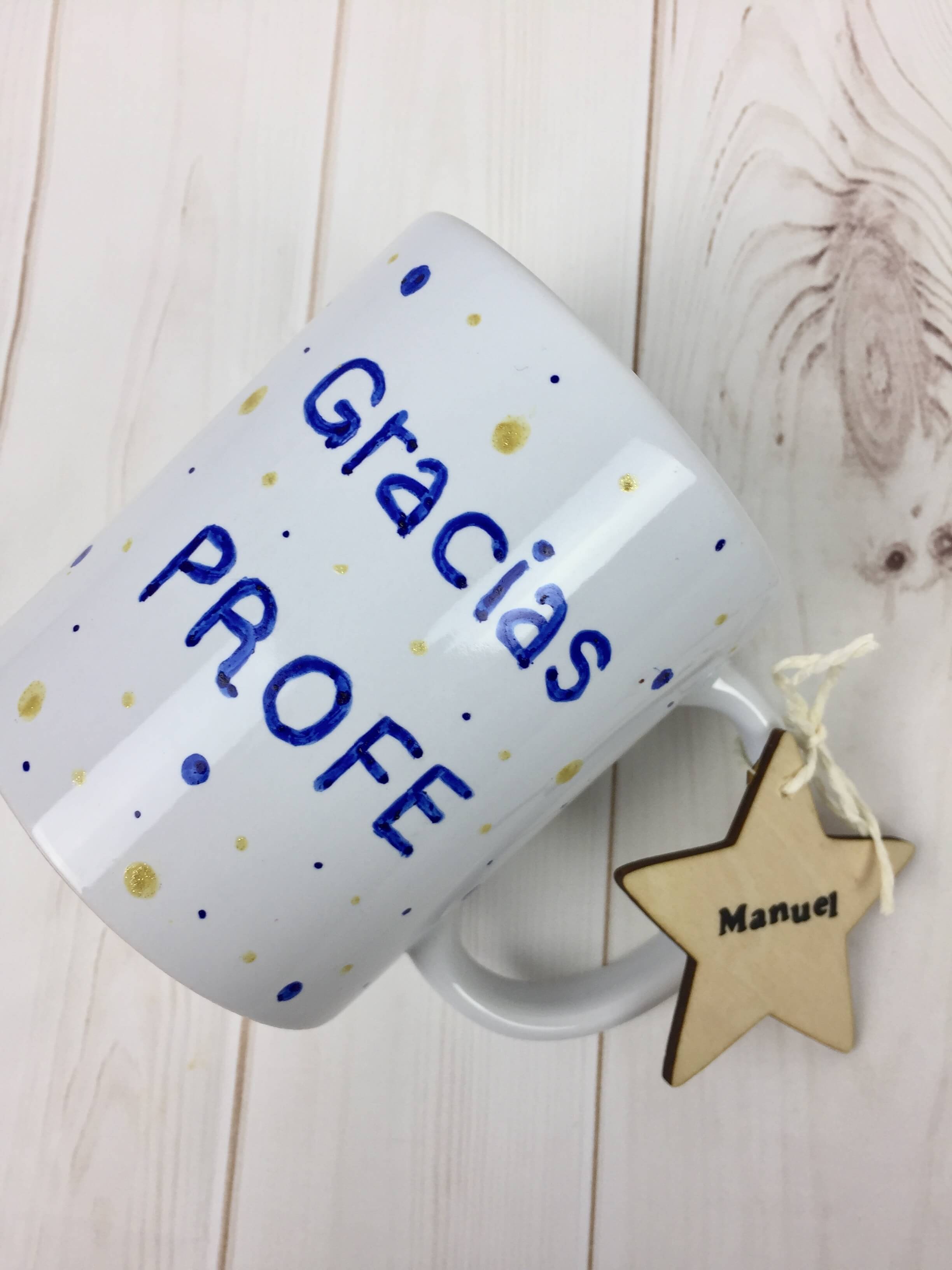 Taza pintada a mano azul Gracias profe